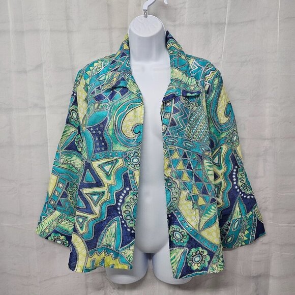 Chico's Jacket Blue Green Abstract Artsy Burnout Open Psychedelic Shacket 2 (L) - Picture 14 of 14
